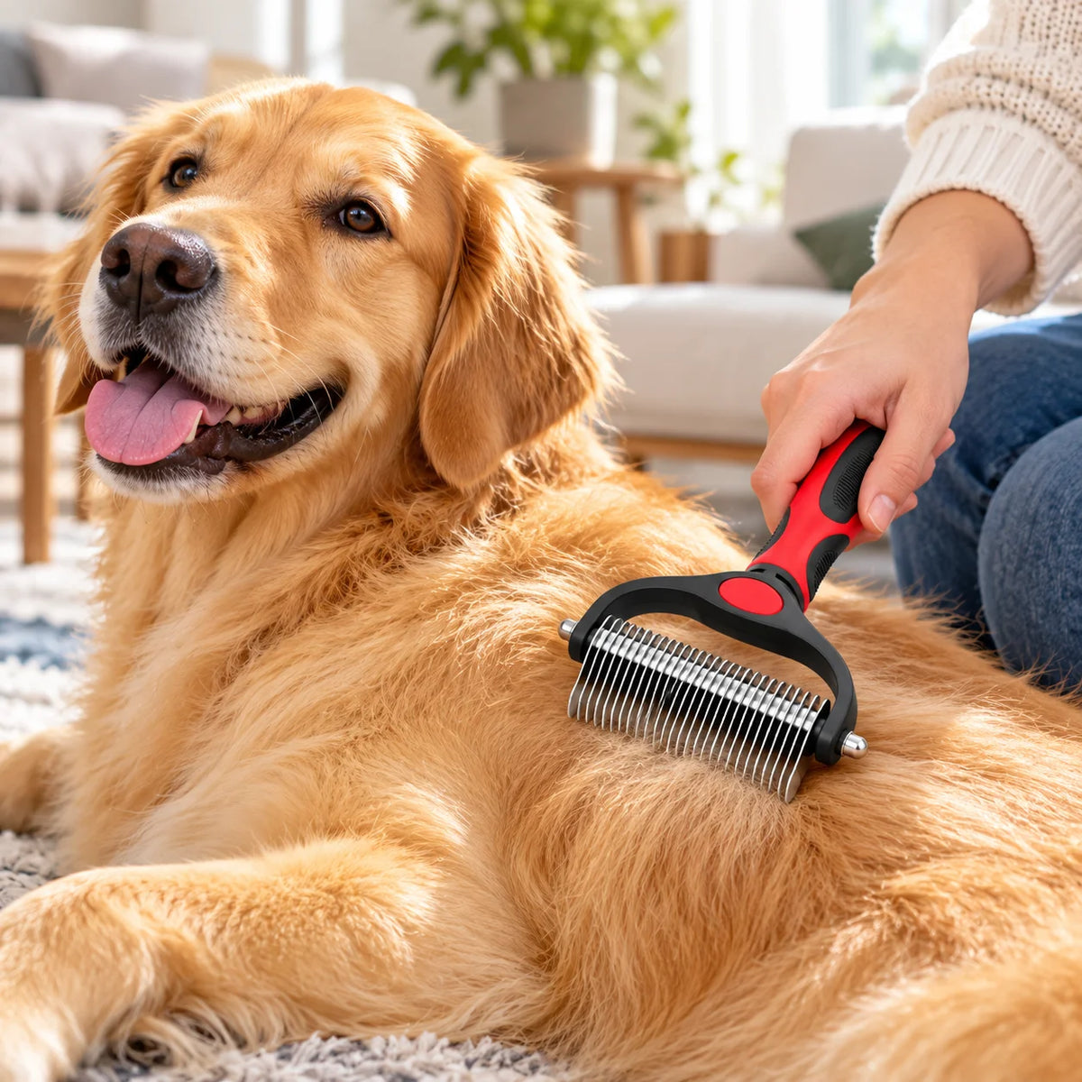 PawSmooth™ Dual-Sided Dog Deshedding Brush lifestyle 1 view