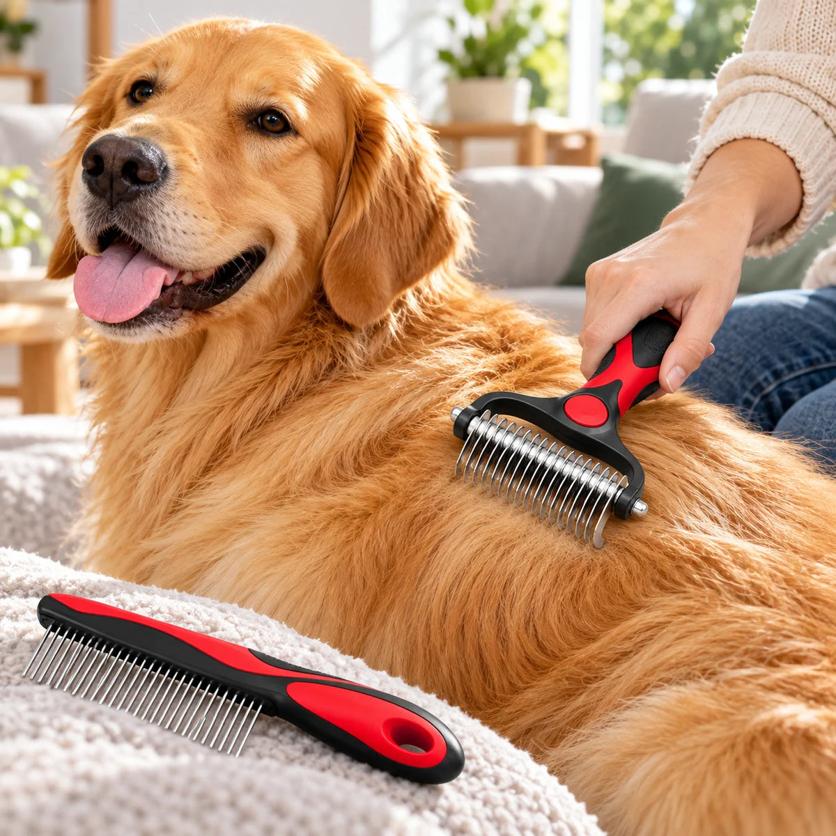 PawSmooth™ Dual-Sided Dog Deshedding Brush lifestyle view